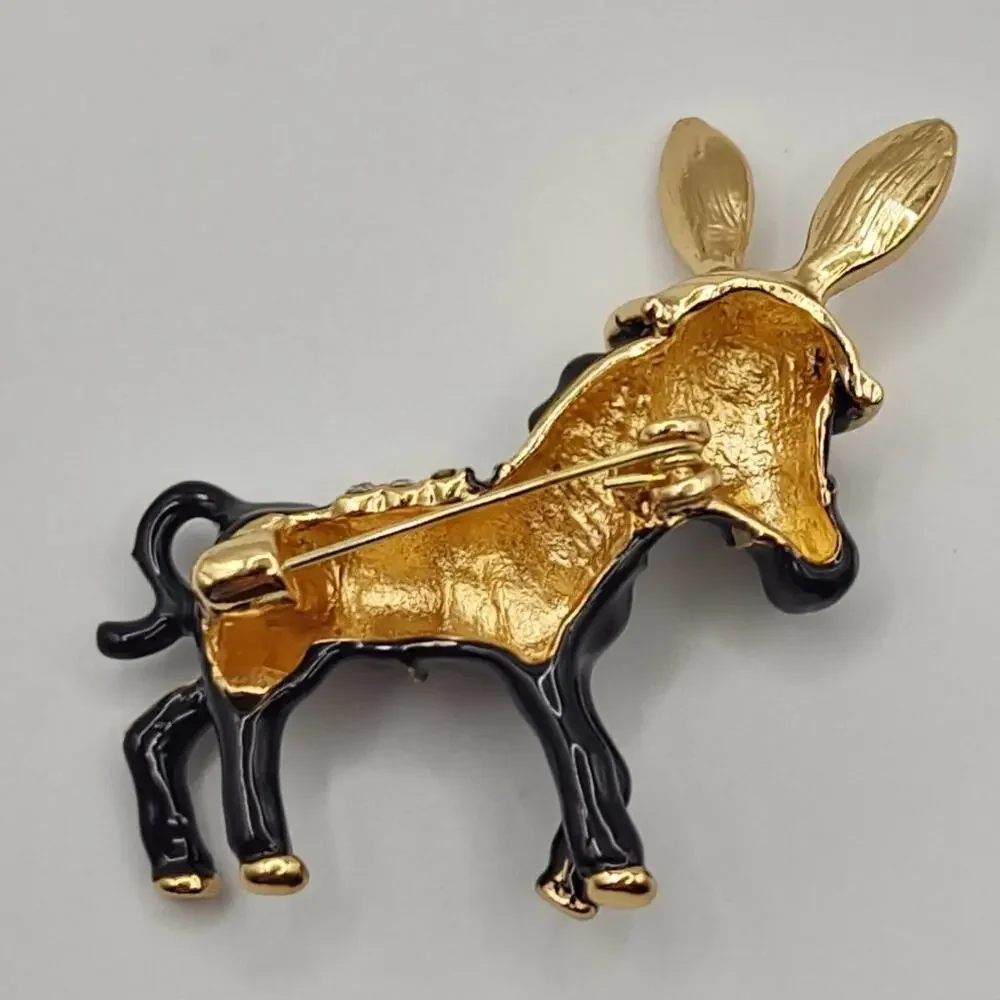Donkey Burro Enamel Faux Rhinestone Brooch Black w/ Hat and Saddle